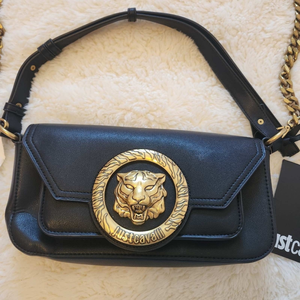 NWT Just Cavalli Black Tiger Head Plaque Convertible Crossbody Clutch Gold Chain - Picture 12 of 16